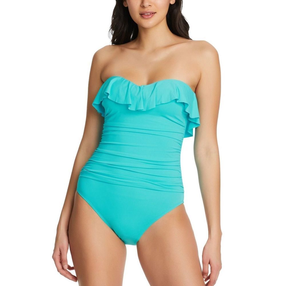 Bleu Rod Beattie Shirred Ruffle Bandeau MIO One-Piece Swimsuit 8 Wave Runner